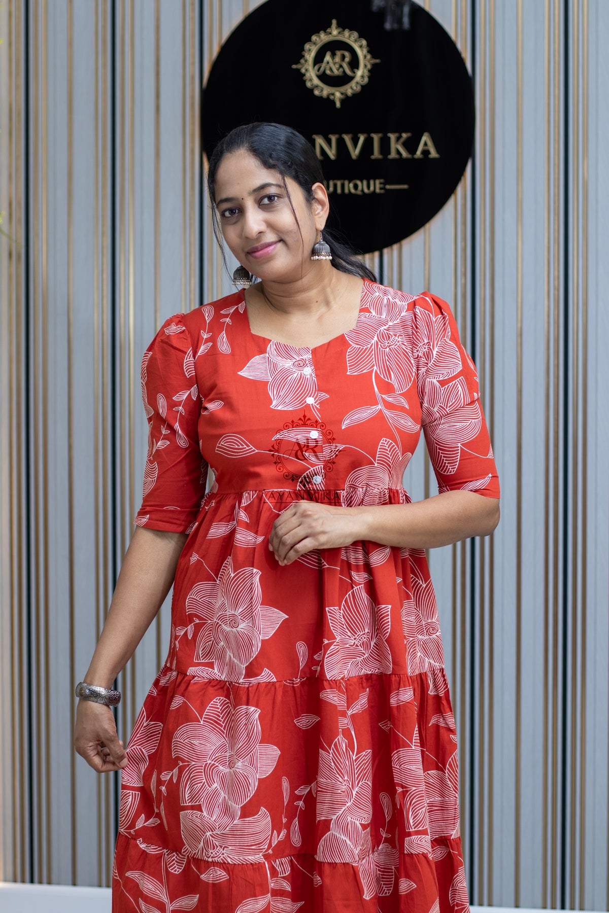 Cotton Midi Dress with Puff Sleeves