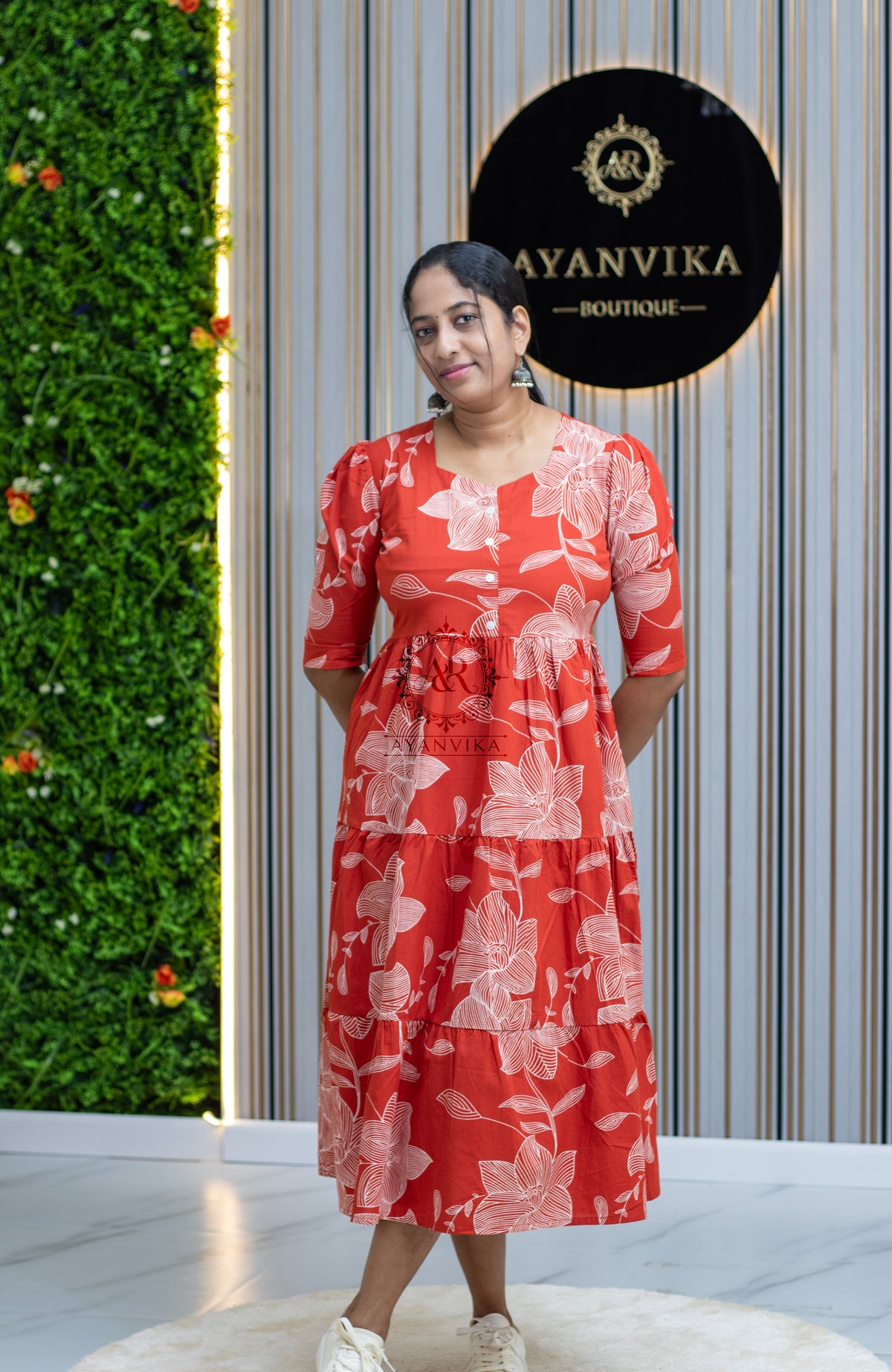 Cotton Midi Dress with Puff Sleeves