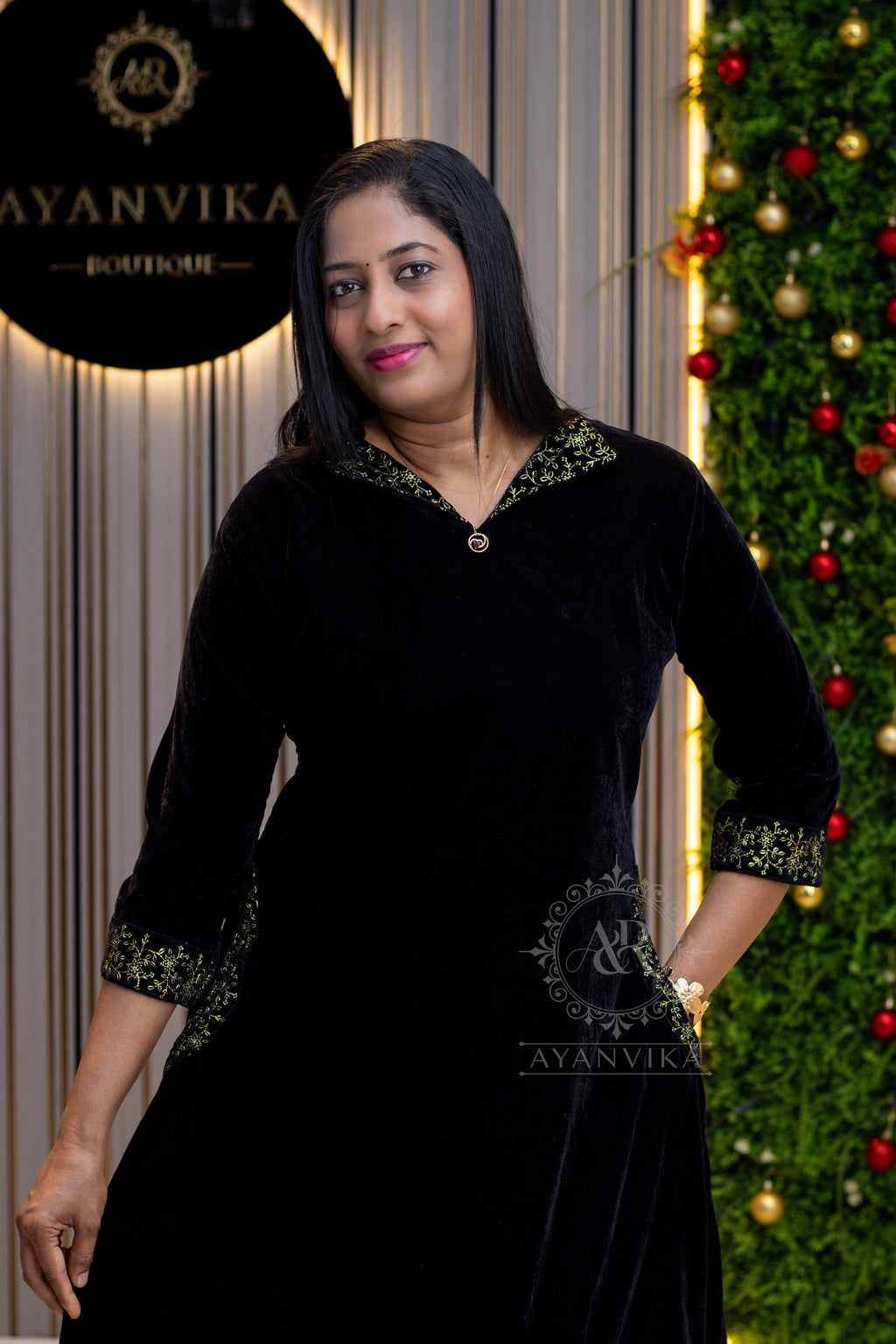Royal Velvet Aline Top with Golden Thread Work