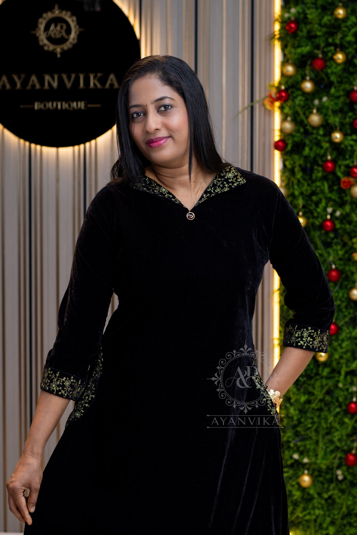 Royal Velvet Aline Top with Golden Thread Work