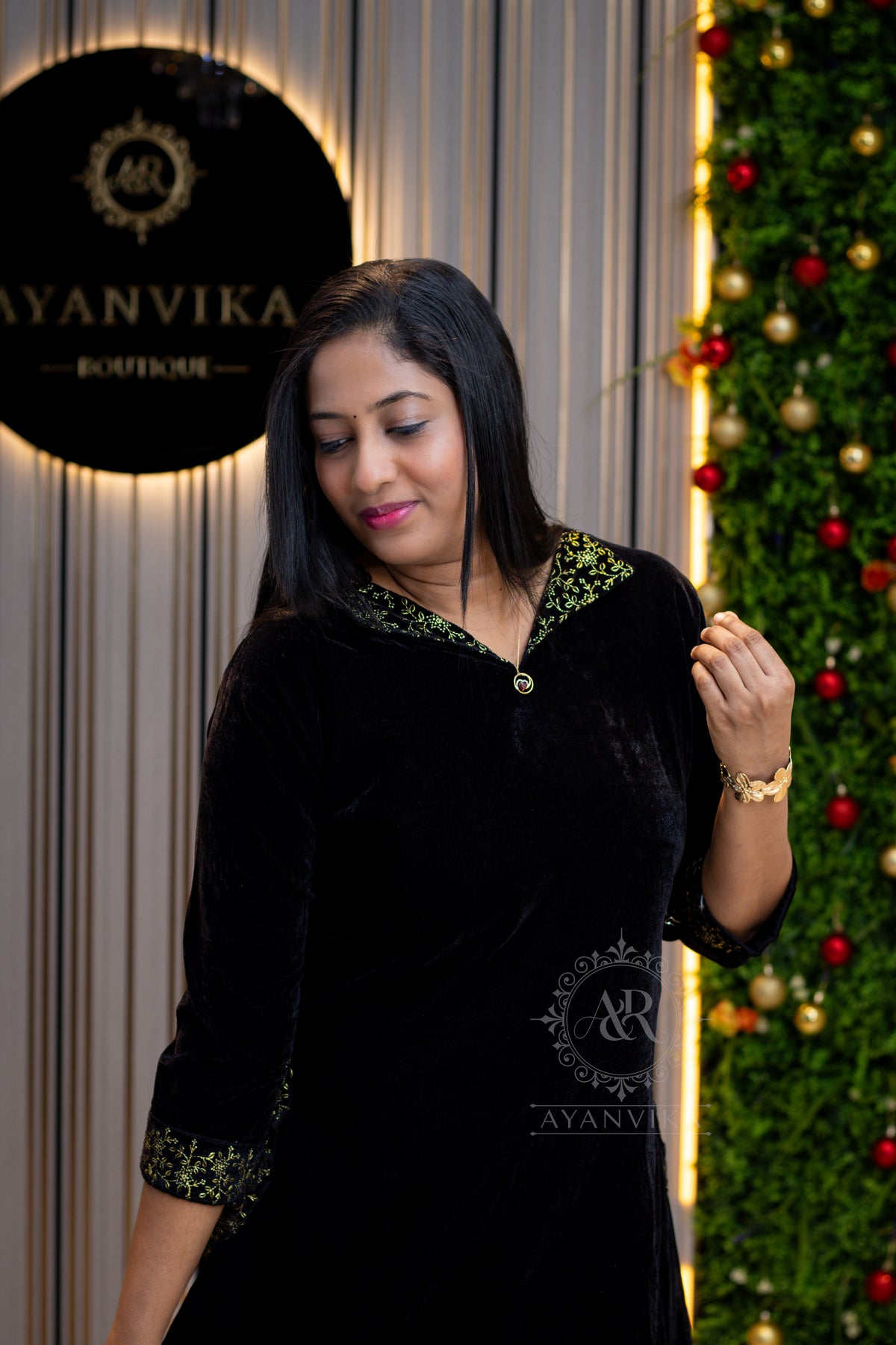 Royal Velvet Aline Top with Golden Thread Work