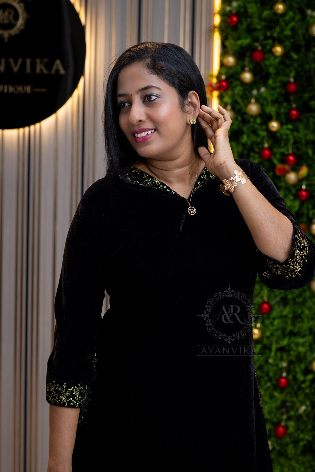 Royal Velvet Aline Top with Golden Thread Work